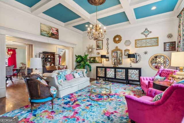 living room featuring beamed ceiling, an inviting chandelier, and coffered ceiling