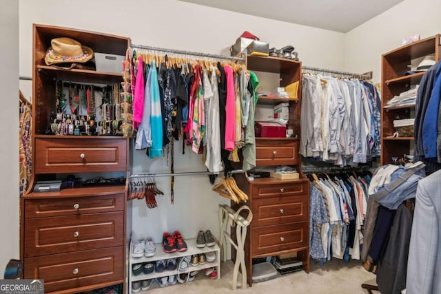 walk in closet with light colored carpet