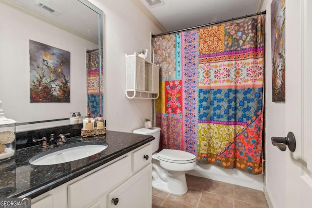 full bathroom featuring vanity, tile patterned floors, shower / bath combination with curtain, toilet, and ornamental molding