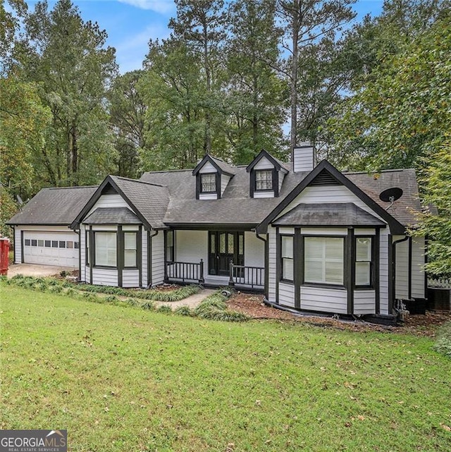 view of front facade featuring a garage, covered porch, and a front lawn