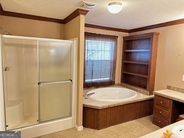 bathroom with a textured ceiling, vanity, shower with separate bathtub, and crown molding