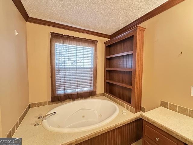 bathroom with a washtub, crown molding, and a textured ceiling