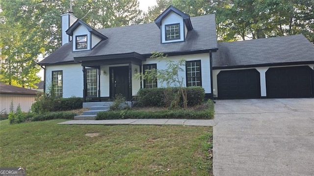 new england style home featuring a front yard and a garage