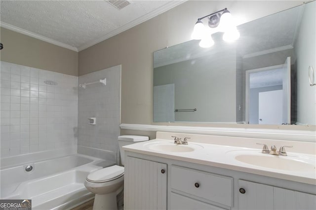 full bathroom featuring shower / bathtub combination, ornamental molding, vanity, a textured ceiling, and toilet