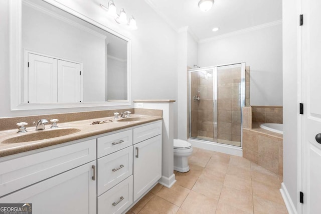 full bathroom with tile patterned floors, vanity, separate shower and tub, crown molding, and toilet