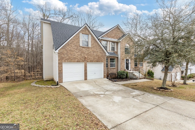 traditional-style home featuring a garage, brick siding, a shingled roof, driveway, and a front yard