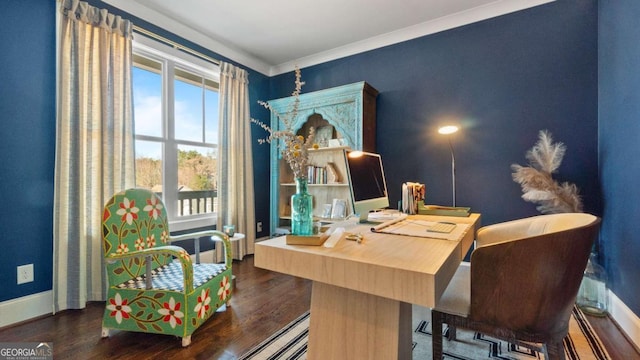 office featuring dark hardwood / wood-style flooring and ornamental molding