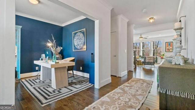 office featuring ceiling fan, dark hardwood / wood-style flooring, and crown molding