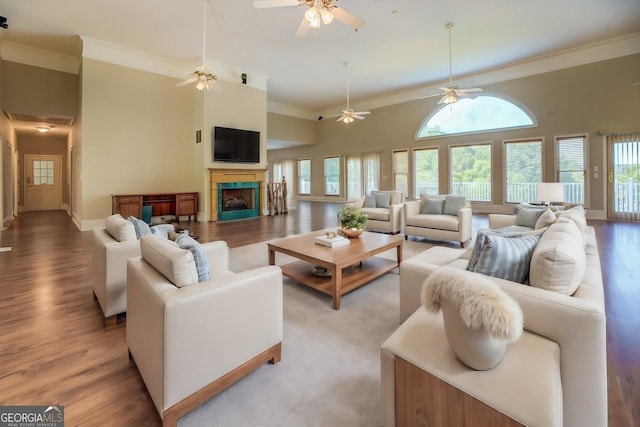 living room with light wood-type flooring and crown molding