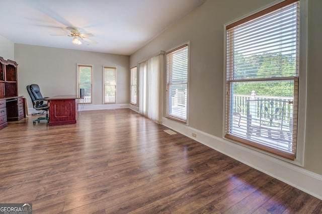 office featuring ceiling fan and dark hardwood / wood-style floors