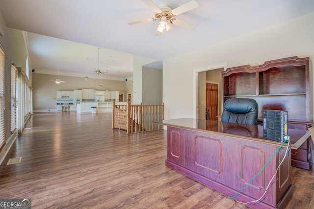 office area featuring wood-type flooring and ceiling fan