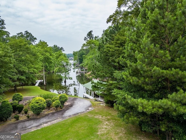 view of home's community with a water view and a lawn