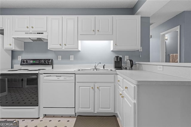 kitchen with electric range oven, white dishwasher, white cabinetry, and sink