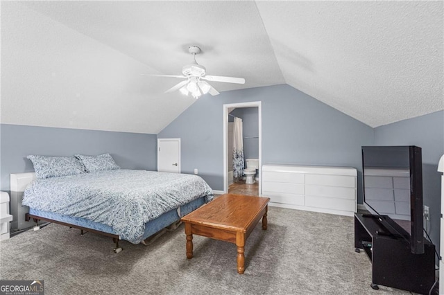 bedroom featuring carpet flooring, ceiling fan, and vaulted ceiling