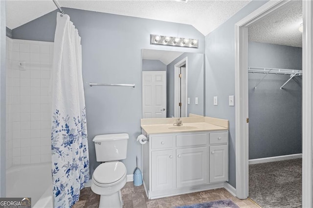 full bathroom with shower / bath combination with curtain, vanity, a textured ceiling, toilet, and lofted ceiling