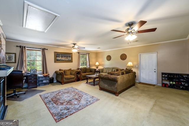 carpeted living room featuring ceiling fan, plenty of natural light, and ornamental molding