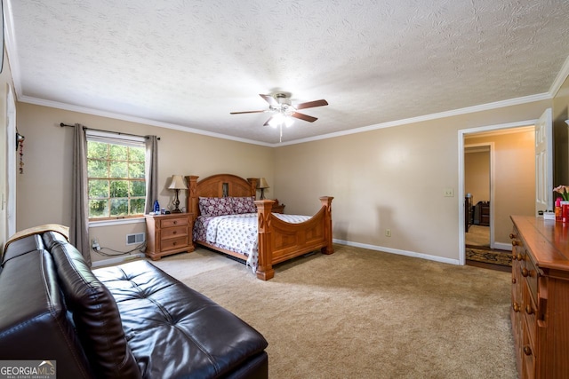 bedroom with ceiling fan, light colored carpet, crown molding, and a textured ceiling