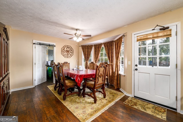 dining space with ceiling fan, a wealth of natural light, dark hardwood / wood-style floors, and a textured ceiling