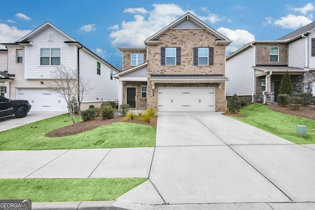 craftsman inspired home with a garage and a front yard