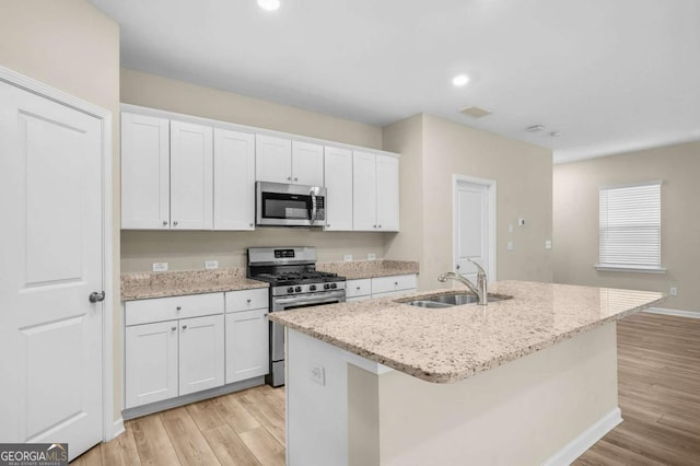 kitchen with white cabinetry, a kitchen island with sink, sink, and appliances with stainless steel finishes