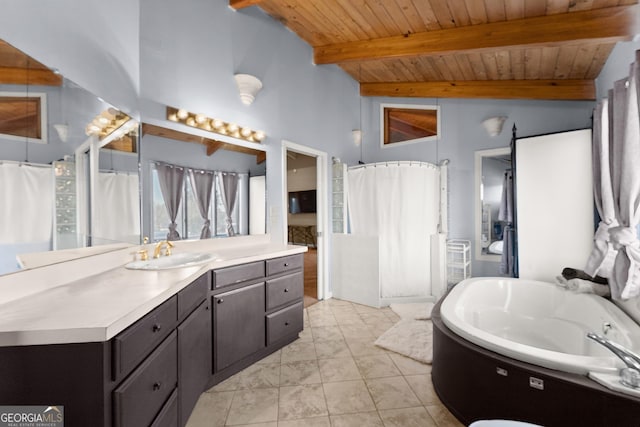 bathroom featuring vaulted ceiling with beams, vanity, a bathtub, and wood ceiling