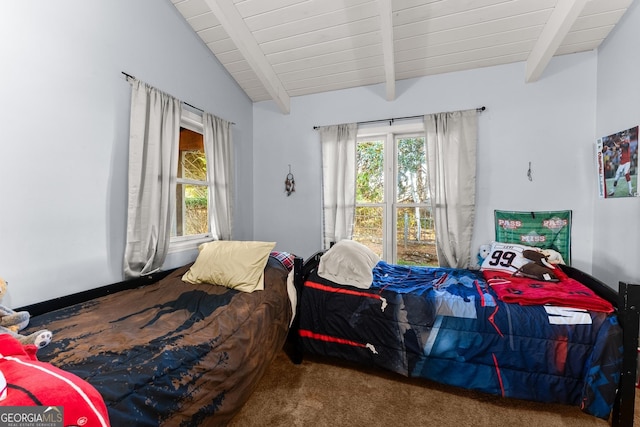 carpeted bedroom with lofted ceiling with beams and wooden ceiling