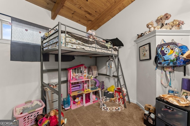 bedroom featuring vaulted ceiling with beams, carpet floors, and wooden ceiling