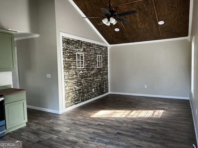 unfurnished living room featuring ceiling fan, dark hardwood / wood-style flooring, high vaulted ceiling, crown molding, and wood ceiling