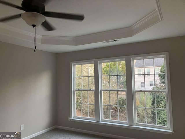 interior details featuring a tray ceiling, ceiling fan, and carpet flooring