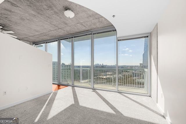 spare room featuring expansive windows and carpet flooring