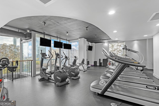 gym with a healthy amount of sunlight and a wall of windows