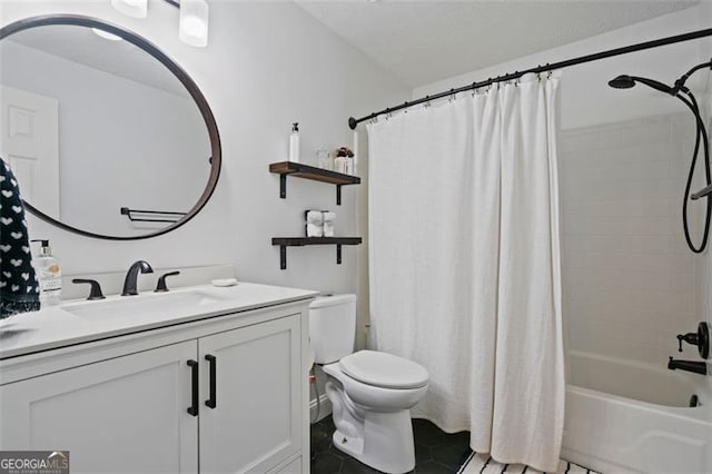 full bathroom with toilet, vanity, tile patterned floors, and shower / bathtub combination with curtain