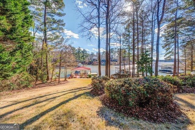 view of yard with a gazebo and a water view