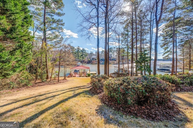 view of yard with a gazebo and a water view