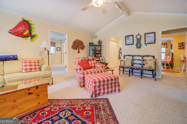 living room featuring carpet floors, lofted ceiling with beams, ornamental molding, a ceiling fan, and a textured ceiling