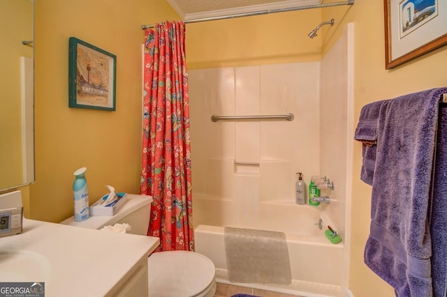 full bathroom with vanity, a textured ceiling, shower / bath combo with shower curtain, crown molding, and toilet