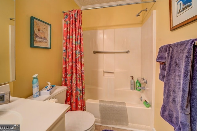 bathroom featuring crown molding, vanity, toilet, and shower / bath combo