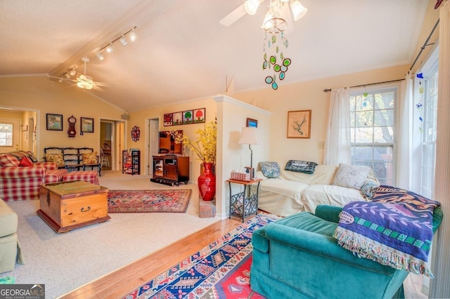 living room with vaulted ceiling, ceiling fan, hardwood / wood-style floors, and track lighting