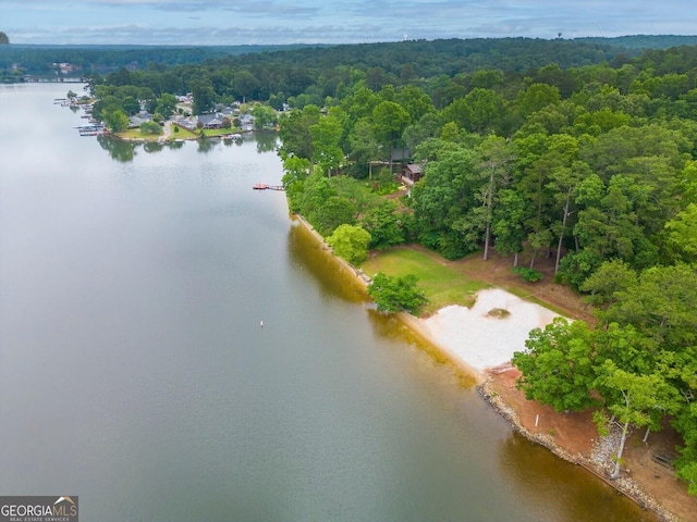 birds eye view of property with a water view and a wooded view