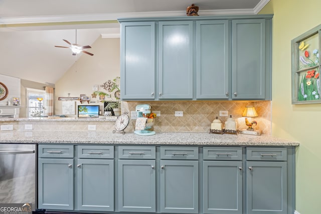 kitchen featuring ceiling fan, dishwasher, light stone counters, vaulted ceiling, and decorative backsplash