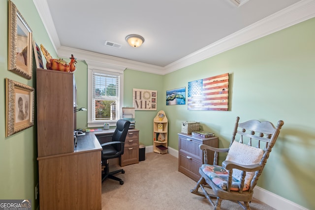 carpeted office space featuring crown molding