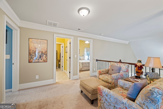 living room with ornamental molding and light carpet