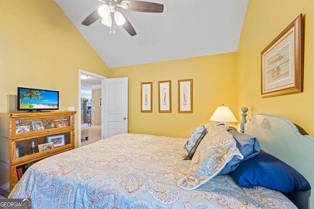 bedroom with ceiling fan and high vaulted ceiling