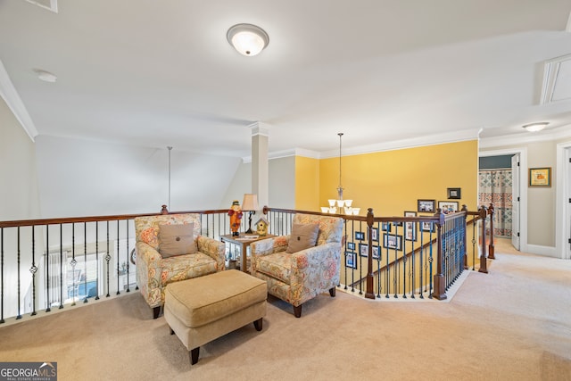 sitting room with light carpet, vaulted ceiling, crown molding, and a notable chandelier