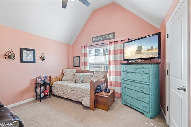 carpeted bedroom featuring ceiling fan and lofted ceiling