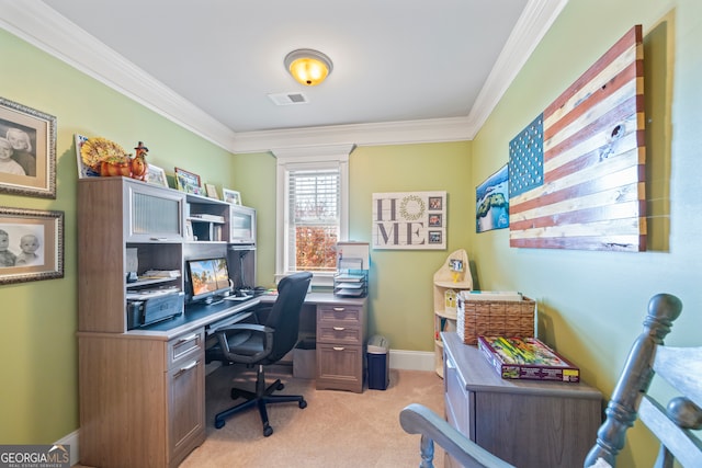 carpeted office with ornamental molding