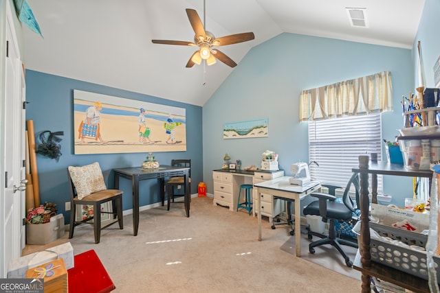 carpeted office with ceiling fan and vaulted ceiling