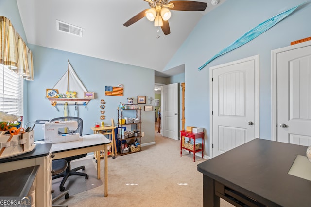 office featuring carpet floors, vaulted ceiling, and ceiling fan