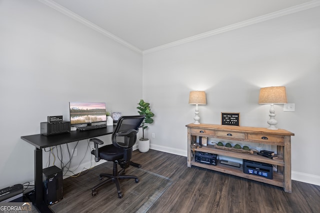 home office with ornamental molding and dark wood-type flooring