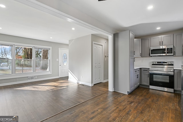 kitchen with gray cabinets, dark hardwood / wood-style floors, and appliances with stainless steel finishes